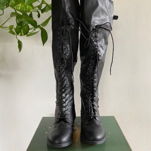 Black Over The Knee Wide Calf Combat Boots Size 8